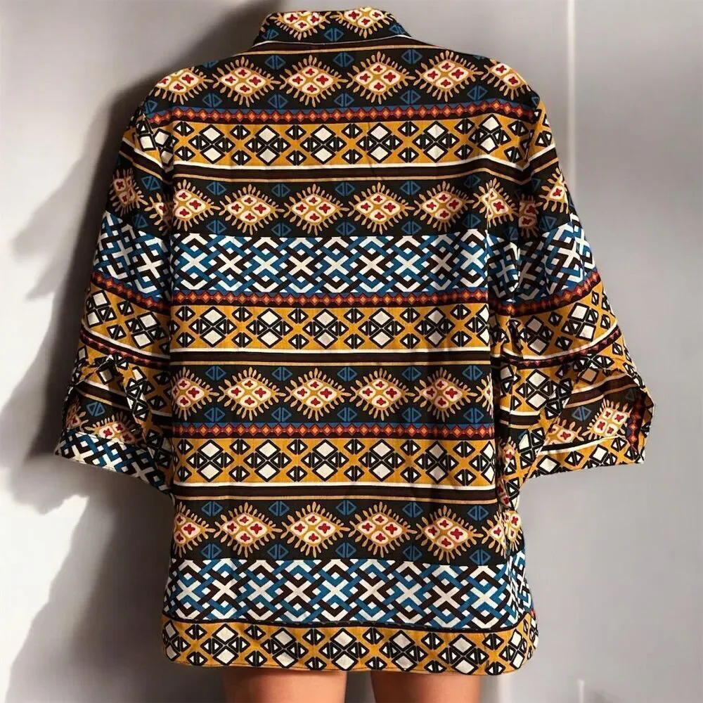 Tory Burch Geometric Wool Blend Multicolor V-Neck Pullover 3/4 Sleeve Blouse Top